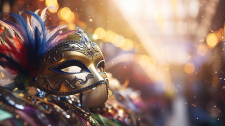 Carnival mask, colorful Mardi Gras beads and bokeh lights festive background. AI Generated contentの素材