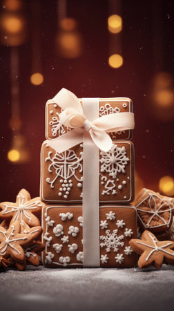 Christmas gingerbread cookies shaped as gift boxes decorated with bows. AI Generated contentの素材