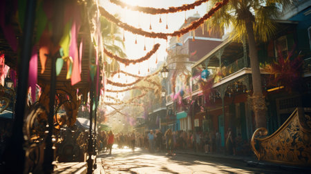 Confetti and Mardi Gras carnival decorations city street festival background. AI Generated contentの素材