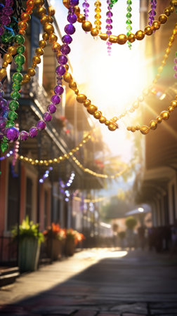 Confetti and Mardi Gras carnival decorations city street festival background. AI Generated contentの素材