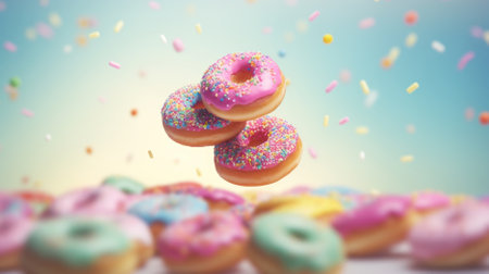Bright pastel color frosted assorted donuts levitating, blue sky background. AI Generated contentの素材