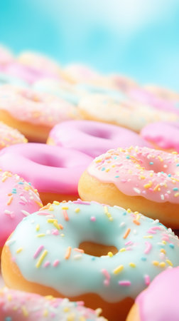 Bright pastel color frosted assorted donuts, blue sky background. AI Generated contentの素材