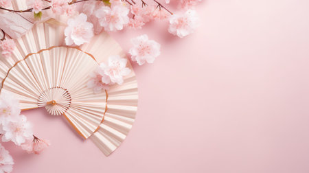 Traditional Japanese fan sensu in pink sakura blossom, spring vibes background, AI generated contentの素材