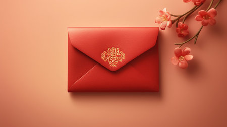 Red paper envelope with golden, representing luck and joy in Chinese tradition, AI-generated contentの素材
