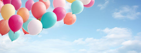Pastel colors balloons bunch in blue sunny sky background with copy space, AI generated contentの素材