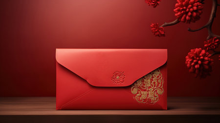 Red paper envelope with golden, representing luck and joy in Chinese tradition, AI-generated contentの素材
