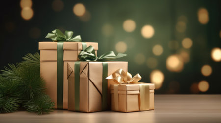 Gift boxes on wooden table with christmas tree and bokeh backgroundの素材