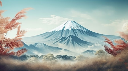 Traditional Japanese landscape with Fujiyama mountain background, AI generated contentの素材