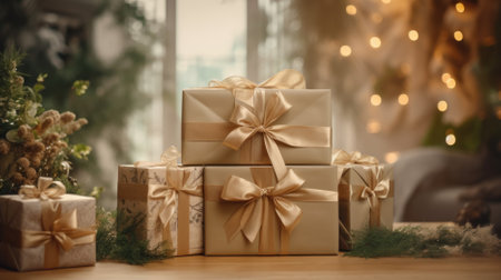 Green-themed gift packaging, eco-conscious with plant decor, tranquil, AI Generated Contentの素材