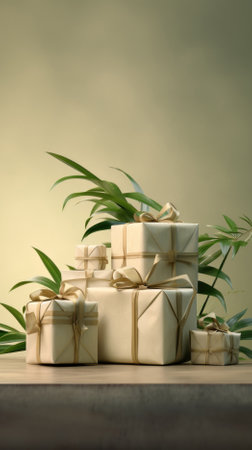 Green-themed gift packaging, eco-conscious with plant decor, tranquil, AI Generated Contentの素材