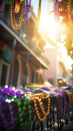 Confetti and Mardi Gras carnival decorations city street festival background. AI Generated contentの素材