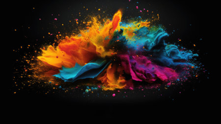 Colorful powder explosion isolated on black background. Colorful dust cloud.の素材