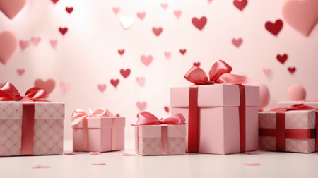 Valentine's day background with gift boxes and hearts. 3d renderingの素材