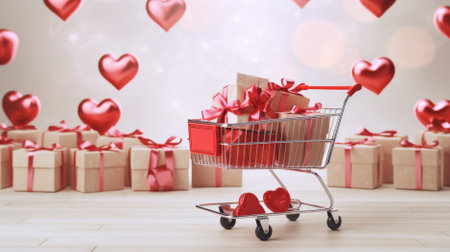Shopping card with gift boxes and red hearts. Valentine's day backgroundの素材
