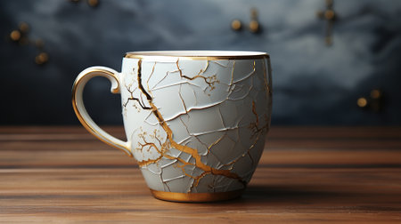 Broken coffee cup on wooden table, 3d rendering. Computer digital drawing.の素材