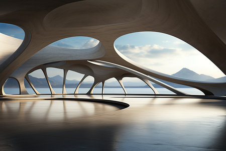 3d rendering of modern architecture with lake view and mountains in the backgroundの素材