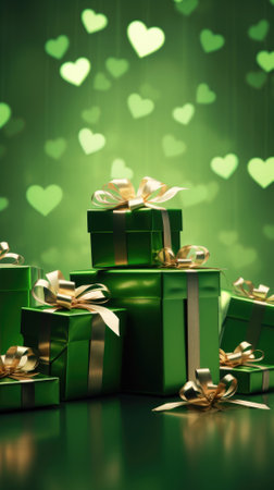 Green gift boxes with bow on green bokeh background. 3D renderingの素材