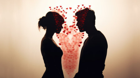 Silhouette of a man and woman in love with red heartsの素材