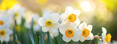 Beautiful white daffodils in the garden on a sunny dayの素材