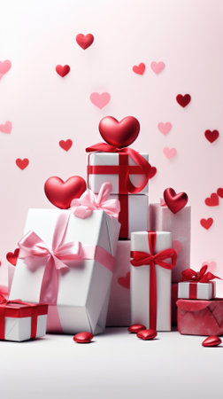 Valentine's day background with gift boxes and hearts. 3d renderingの素材