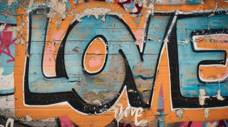 The word love painted on a brick wall. Street art concept.の素材