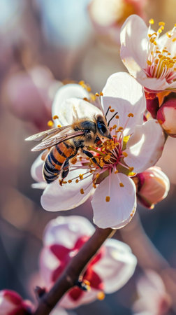 Honeybee collecting pollen from a blooming apricot treeの素材