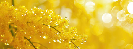 Branch of mimosa with water drops on yellow bokeh backgroundの素材