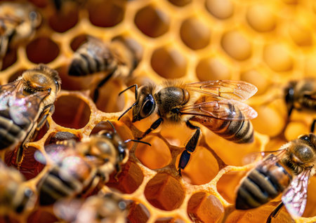 Close up view of the working bees on honeycells - selective focusの素材