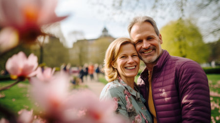 Happy senior couple in the park with blooming magnolia trees in backgroundの素材