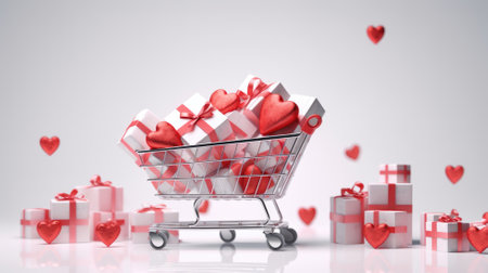 Present boxes in shopping cart, Valentine day holiday background, copy space. AI Generative contentの素材