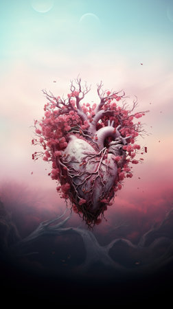 Human heart made of red blood cells on colorful background. 3d renderの素材