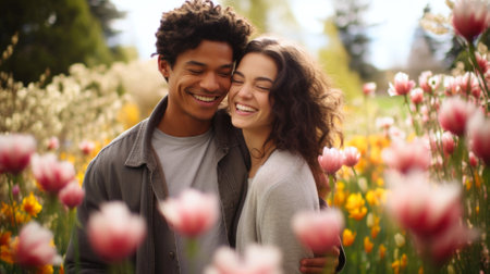Young multiethnic couple with tulip flowers in the park.の素材