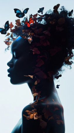 Silhouette of a beautiful African American woman with butterflies in her hairの素材