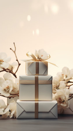Gift boxes with white magnolia flowers on wooden table against blurred backgroundの素材