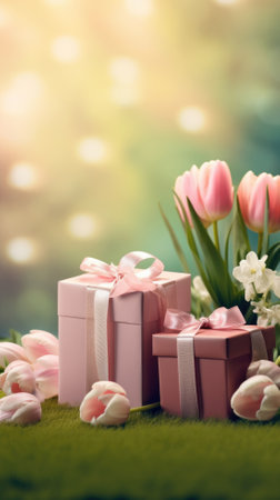 Gift boxes and tulips on green grass with bokeh backgroundの素材