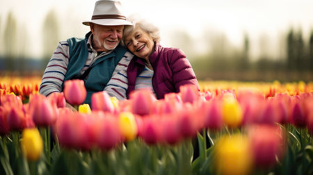Joyful mature couple in tulip flowers spring blooming field sharing a moment, AI Generated contentの素材