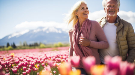 Happy senior couple standing in tulip field with snow capped mountain in backgroundの素材