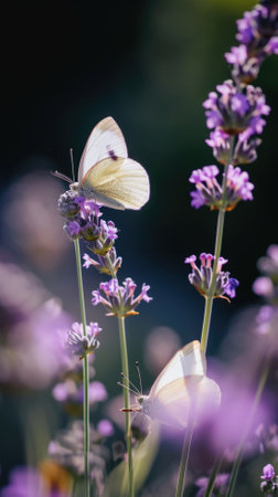 Butterfly on lavender flowers in the garden. Nature background.の素材