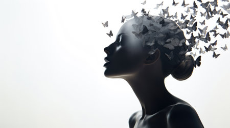 3d rendering of a beautiful woman with paper butterflies in her hairの素材
