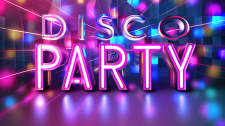 Disco party background with disco lights and neon sign. Vector illustration.の素材