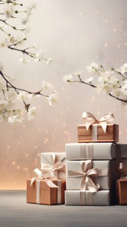 Gift boxes and cherry blossom branch on light background, closeupの素材