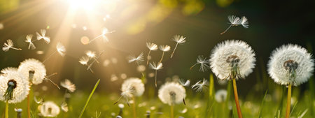 Dandelion seeds fly in the wind on a green meadowの素材