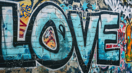 Graffiti on the wall. The word love painted on the wall.の素材