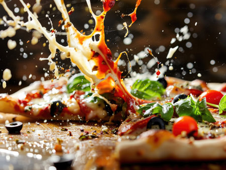 Pizza with mozzarella cheese, tomatoes and olives on black backgroundの素材