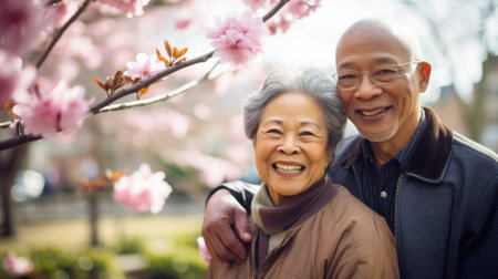 Happy asian senior couple in love standing in front of cherry blossom treeの素材