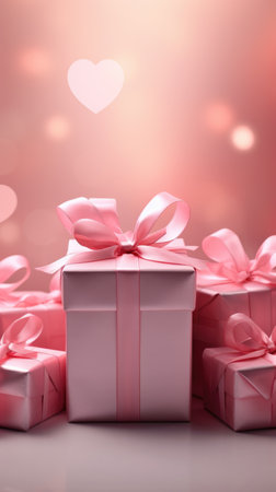 Pink gift boxes with ribbons and hearts on bokeh backgroundの素材