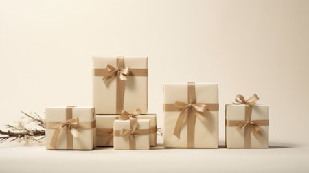 Gift boxes with gold ribbons on white background. 3D rendering.の素材