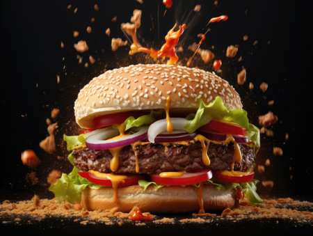 Hamburger with flying ingredients on black background, close-upの素材