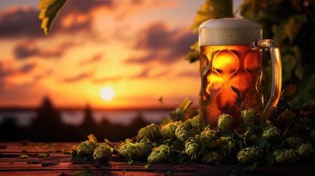 Mug of beer and hop on a wooden table with sunset in the backgroundの素材