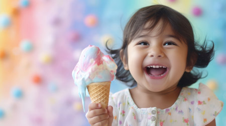Cute little asian girl eating ice cream on colorful background.の素材